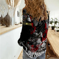 Women's casual shirt, black camouflage skull graphic with red and gray print