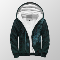 Black sherpa hoodie with teal pattern, sherpa-lined hood, raven tattoo graphic on front