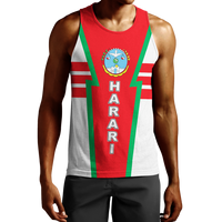 Men's red tank top with Harari front graphic on green stripe panel