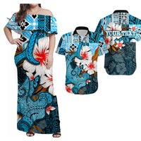 Off-shoulder Hawaiian dress in blue with white/red hibiscus and tropical pattern