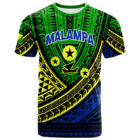 Green tribal patterned T-shirt with blue Malampa text and star shield graphic