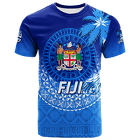 Blue T-shirt with tribal crest, palm tree and island pattern front graphic