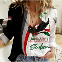 Women's casual shirt with long sleeves, black tie-collar, front independence graphic