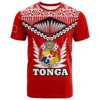 Red TONGA pride graphic T-shirt with crest, wings and bold TONGA lettering