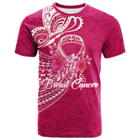 Pink round-neck T-shirt with white heart-and-butterfly graphic and Breast Cancer text