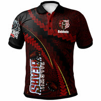 Red and black custom polynesian polo shirt with Baldwin logo and tribal patterns