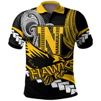 Black polo shirt with yellow collar and bold Polynesian tribal pattern front graphic