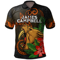 Dark polo shirt with orange accents, front tropical tribal print and rooster graphic