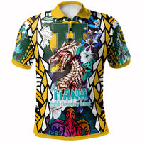 Green polo shirt with yellow collar and front dragon floral school graphic