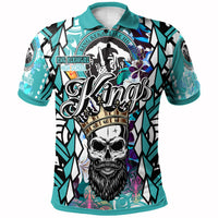 Teal polo shirt with tribal skull graphic, purple flower, black geometric sleeves