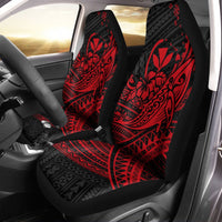 Pair of front car seat covers, black with red Hawaiian tribal humpback and hibiscus print