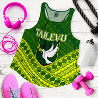 Green racerback tank top with Tailevu dove logo and diamond-and-wave patterned design