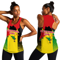Red women’s tank top with Benishangul-Gumuz text and colorful map print, sleeveless