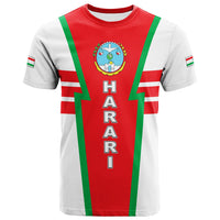 Red Ethiopia Harari T-shirt, green lightning stripes, HARARI I vertical print, flag sleeves