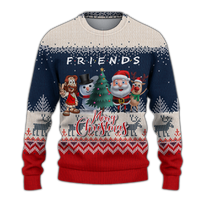Festive knit sweatshirt with blue/red fair isle pattern and Merry Christmas character scene