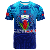 Blue graphic Legend T-shirt with crest, laurel and 'MANU SAMOA' text
