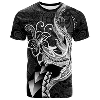 Black crew-neck T-shirt with Polynesian shark and white floral tribal print