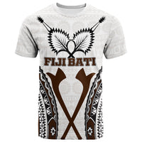 Fiji Bati tapa pattern T-shirt, white—front graphic with 'Fiji Bati' and brown motif