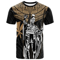 Black T-shirt with gold tribal pattern and Kamehameha portrait front print