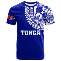 Blue Tonga-themed T-shirt with white tribal crest and TOMGA lettering
