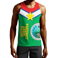Green men’s tank top with flag stripes, yellow star, and Southwest Ethiopia text print