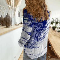 Women’s casual hockey shirt, blue-and-white back print with large logo, long sleeves