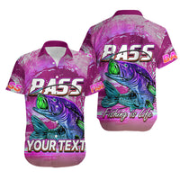 Pink Hawaiian shirt with bass fishing graphic, short sleeves, front/back view