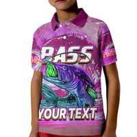 Kids pink polo shirt with fish graphic, 455 and sports lettering, front