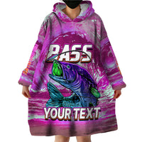 Pink bass fishing wearable blanket hoodie, hooded front view with large fish graphic