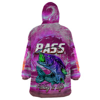 Pink bass fishing wearable blanket hoodie, back view with fish graphic and “FISHING IS LIFE”