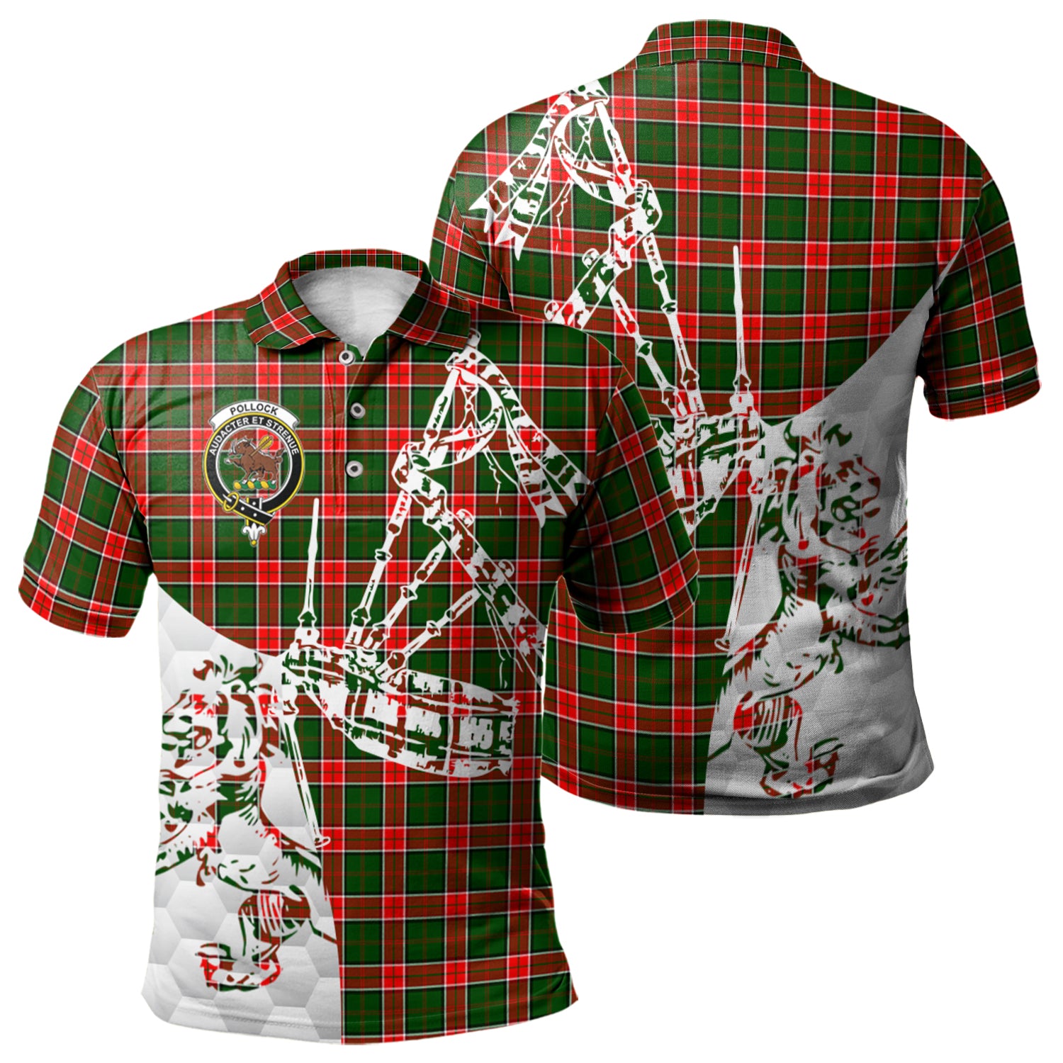 scottish-pollock-modern-clan-crest-tartan-polo-shirt-lion-and-bagpipes-style