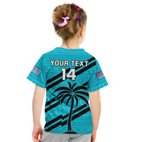 (Custom Text And Number) Fiji Rugby Tapa Pattern Fijian 7s Cyan Kid T Shirt - Wonder Print Shop
