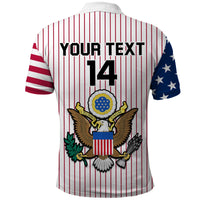 Back of red and white striped baseball polo with 'Your Text' and number 14