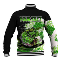 Unisex bass-themed baseball jacket, black back with 'YOUR TEXT' and green fish graphic