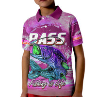 Kids pink fishing polo shirt with purple collar, button placket, bass graphic front