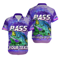Purple fishing polo shirt set with bass fish graphics and YOUR TEXT (front/back)