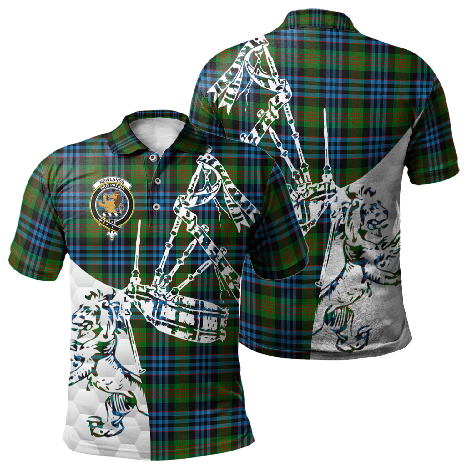 scottish-newlands-of-lauriston-clan-crest-tartan-polo-shirt-lion-and-bagpipes-style
