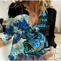 Largemouth Bass Fishing Blue Women Casual Shirt - Wonder Print Shop