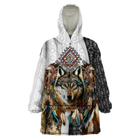 Native American Wolf Dreamcatcher with Eagles Feathers Wearable Blanket Hoodie - Wonder Print Shop