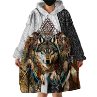 Native American Wolf Dreamcatcher with Eagles Feathers Wearable Blanket Hoodie - Wonder Print Shop
