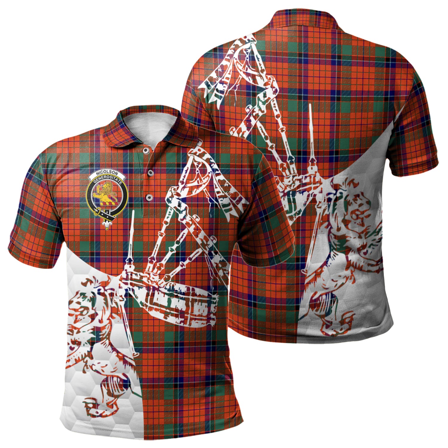 scottish-nicolson-ancient-clan-crest-tartan-polo-shirt-lion-and-bagpipes-style