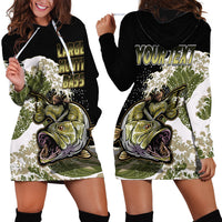 Black hoodie dress with camo bass and fish graphic, front has bold yellow text