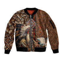 Native American Chiefs Headdress Warrior With Eagle Wolves Sleeve Zip Bomber Jacket - Wonder Print Shop