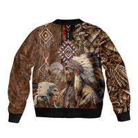 Native American Chiefs Headdress Warrior With Eagle Wolves Sleeve Zip Bomber Jacket - Wonder Print Shop