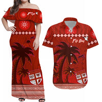 Personalised Bula Fiji Matching Hawaiian Shirt And Dress Fijian Tapa with Palm Tree Red LT13 - Wonder Print Shop