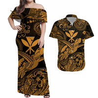 Matching Polynesian print dress and shirt, gold on dark