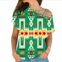 Green multicolor tribal print cross-shoulder shirt, short sleeves, scoop neckline