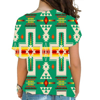 Green multicolor tribal print cross-shoulder shirt, back view, short sleeves