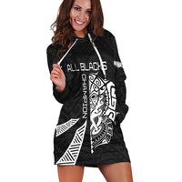 Black hoodie dress with white 'ALL BLACK' and Haka graphic on front panel, pullover