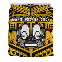 Yellow and black duvet and pillow set featuring “Marquesas Islands” tiki face design